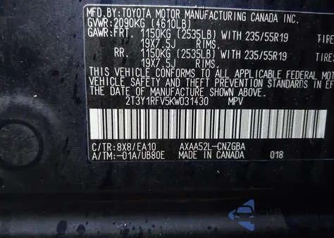 2019 Toyota Rav4 Limited из США, поврежденный, VIN 2T3Y1RFV5KW031430